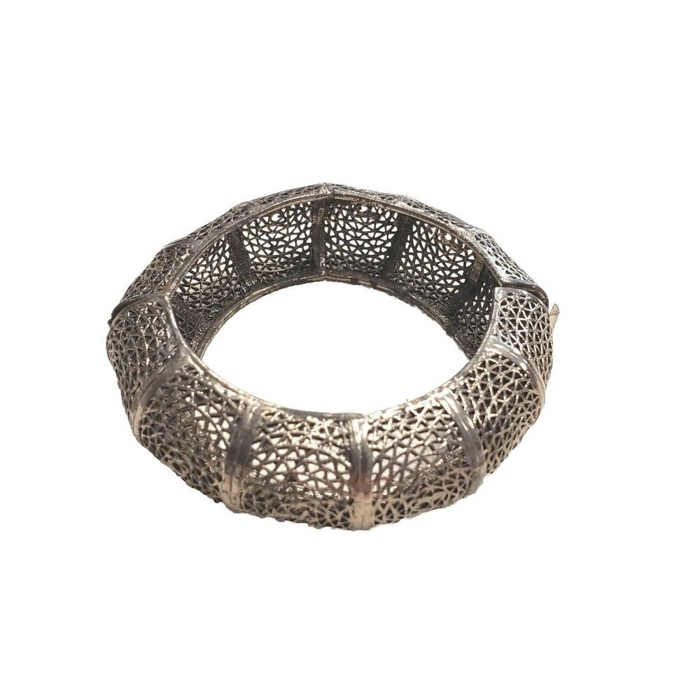 Vintage Silver Tone Filigree Hinged Bracelet with Safety Chain